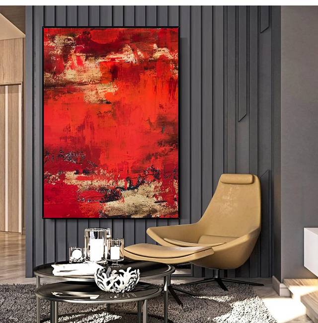 Room Original Painting Red Dining Abstract Canvas Artwork 7V75T